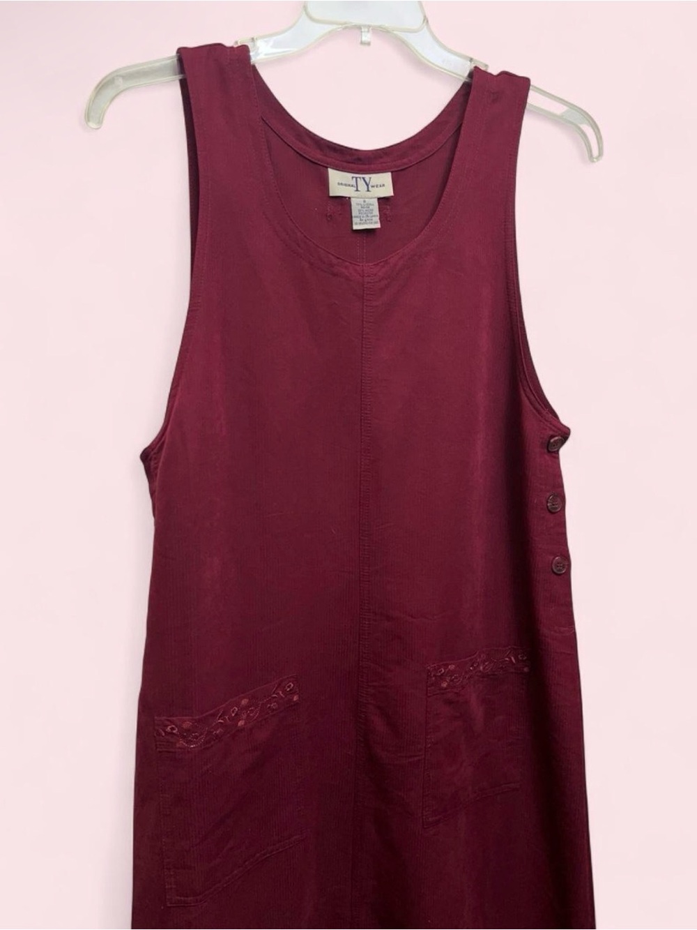 Original TY Wear Burgundy Pinafore Midi Dress Side Buttons Pockets Size 12